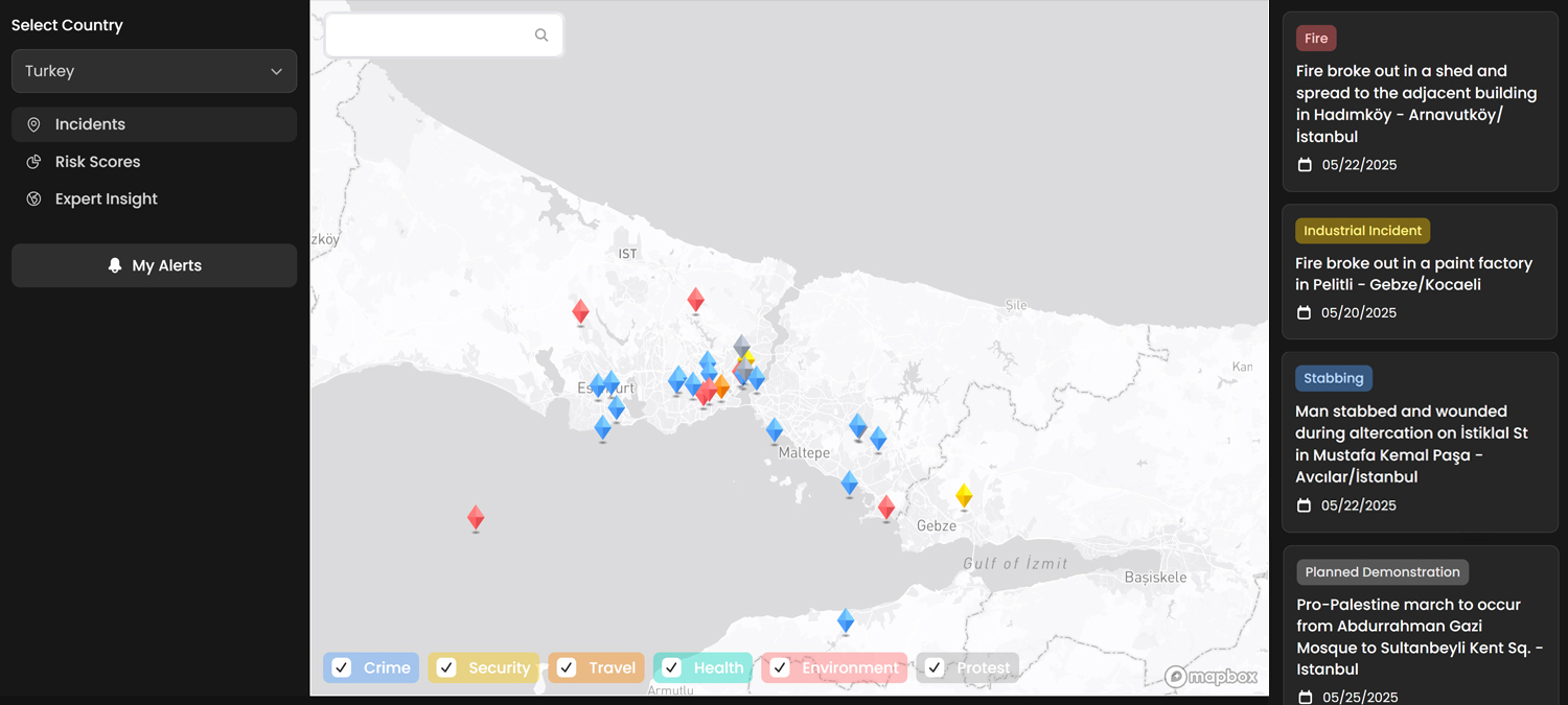 Map-based incident feed with live event alerts and safety categories